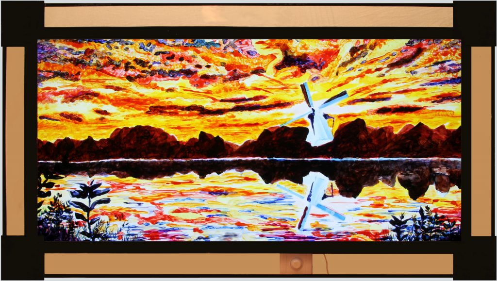 Sunrise lake with windmill mill acrylic painting on cotton sunset