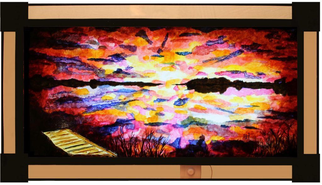 Sunrise lake mill colorful acrylic painting on cotton sunset